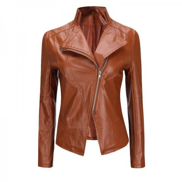 Brown Women Classic Leather Outerwear Comfortable